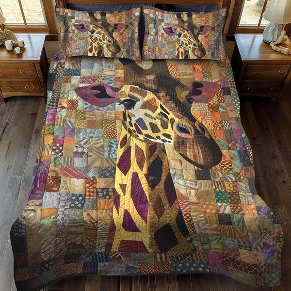 Wild Giraffe quilted 3-piece bedding set on a made bed with two matching pillow shams