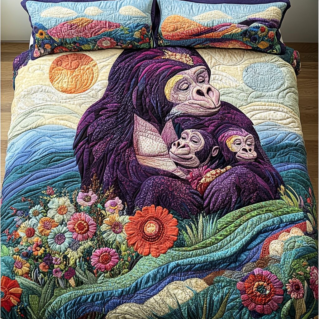 Wild Gorilla Spirit quilted 3-piece bedding set on a made bed with two matching pillow shams