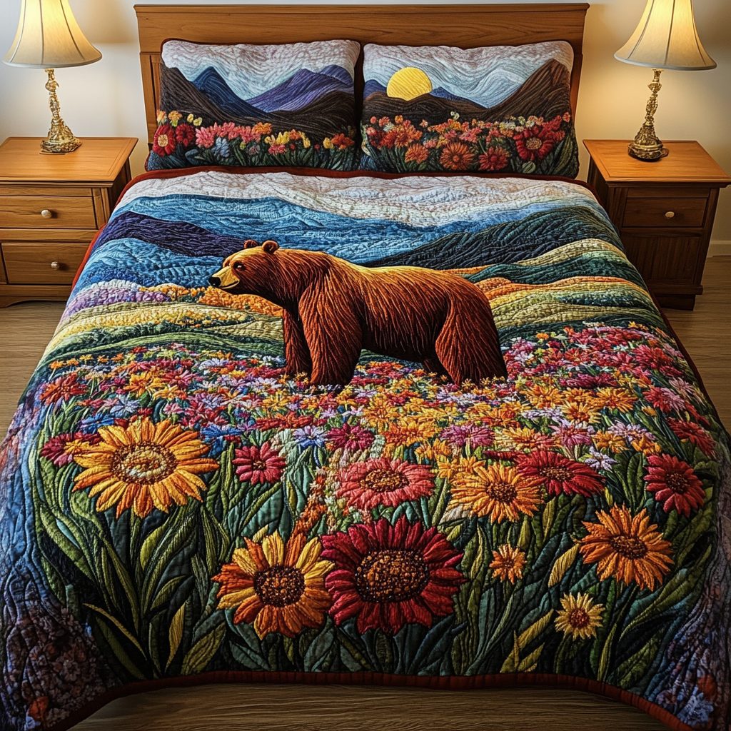 Wild Grizzly quilted 3-piece bedding set on a made bed with two matching pillow shams