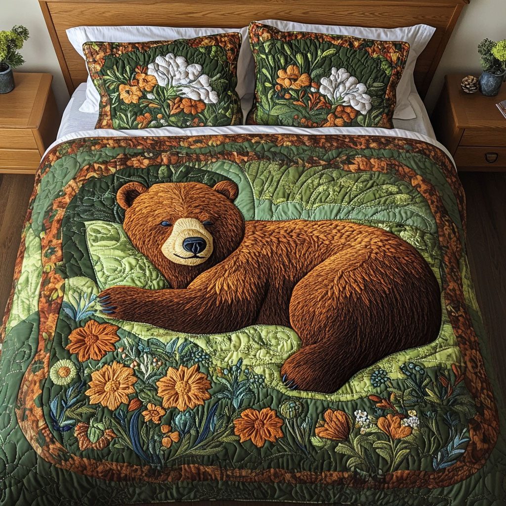 Wild Guardian quilted 3-piece bedding set on a made bed with two matching pillow shams
