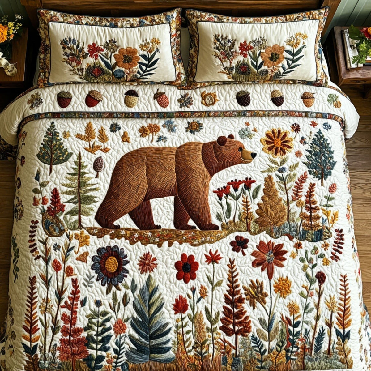 Wild Haven quilted 3-piece bedding set on a made bed with two matching pillow shams