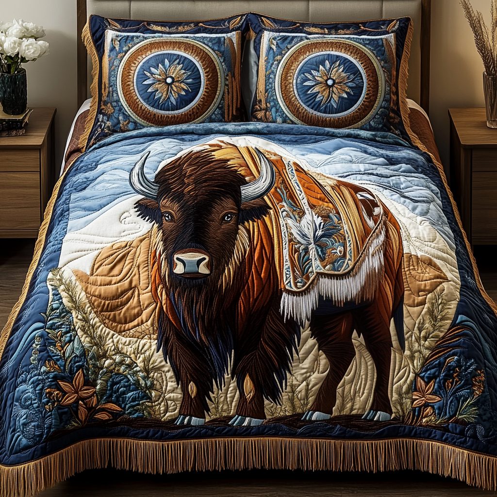 Wild Haven quilted 3-piece bedding set on a made bed with two matching pillow shams