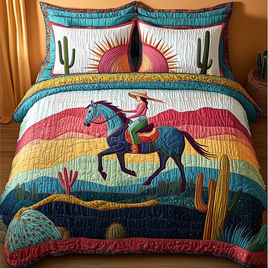 Wild Heart quilted 3-piece bedding set on a made bed with two matching pillow shams