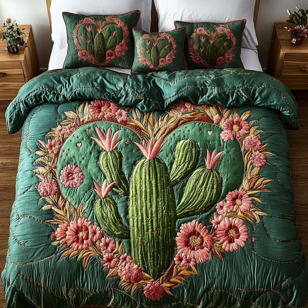 Wild Heart quilted 3-piece bedding set on a made bed with two matching pillow shams