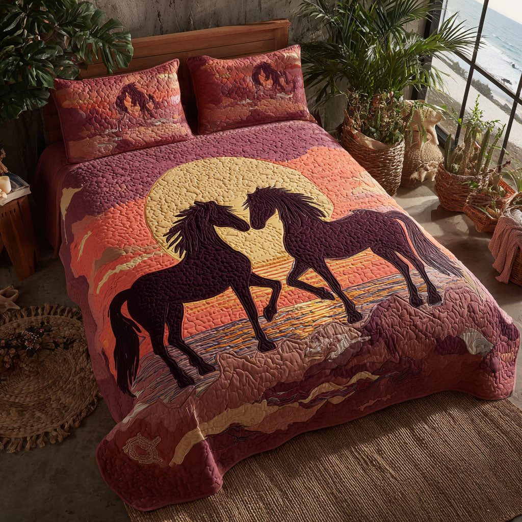 Wild Hearts at Dusk quilted 3-piece bedding set on a made bed with two matching pillow shams