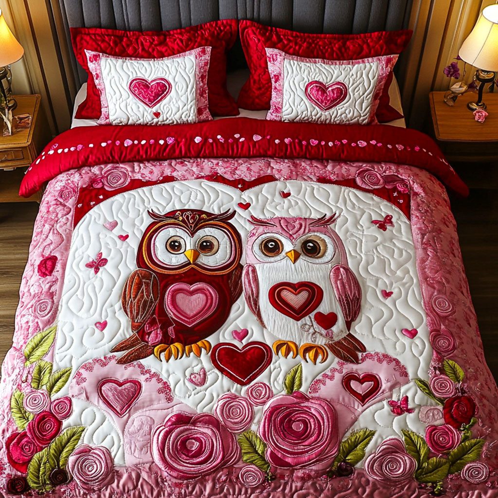 Wild Hearts quilted 3-piece bedding set on a made bed with two matching pillow shams