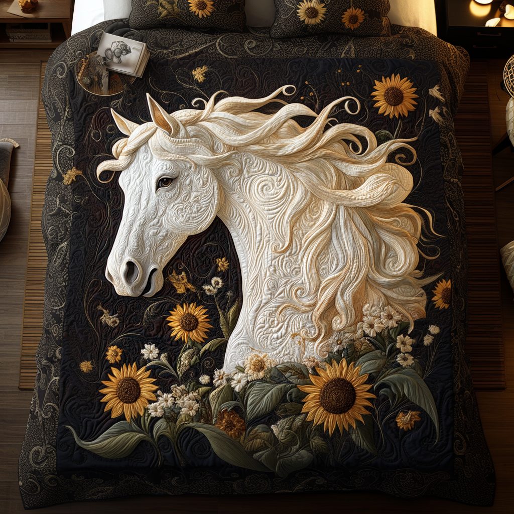 Wild Horizon Equine quilted 3-piece bedding set on a made bed with two matching pillow shams