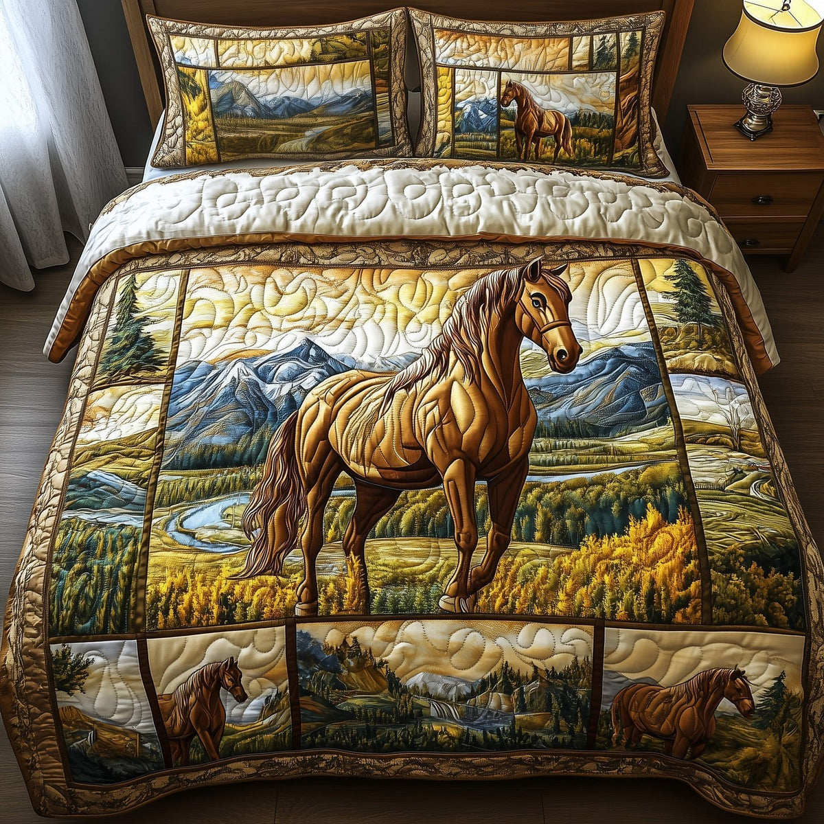 Wild Horse quilted 3-piece bedding set on a made bed in a rustic timber bedroom