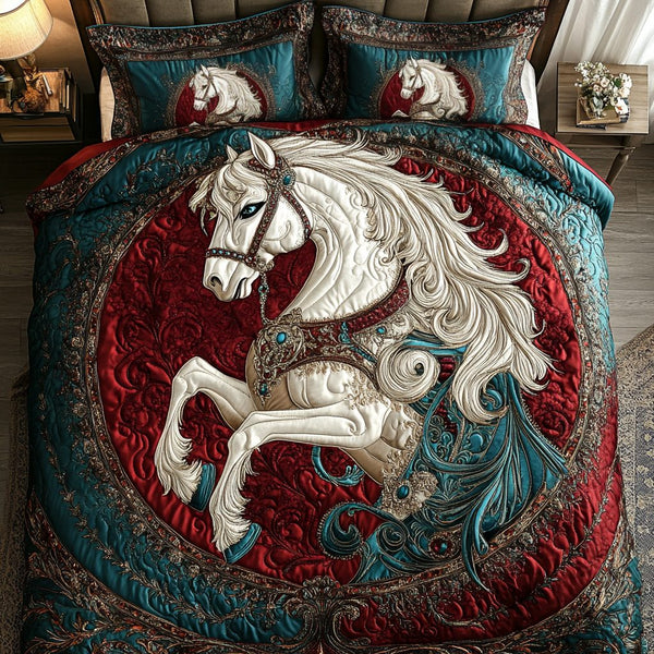 Wild Horse quilted 3-piece bedding set on a made bed in a rustic timber bedroom