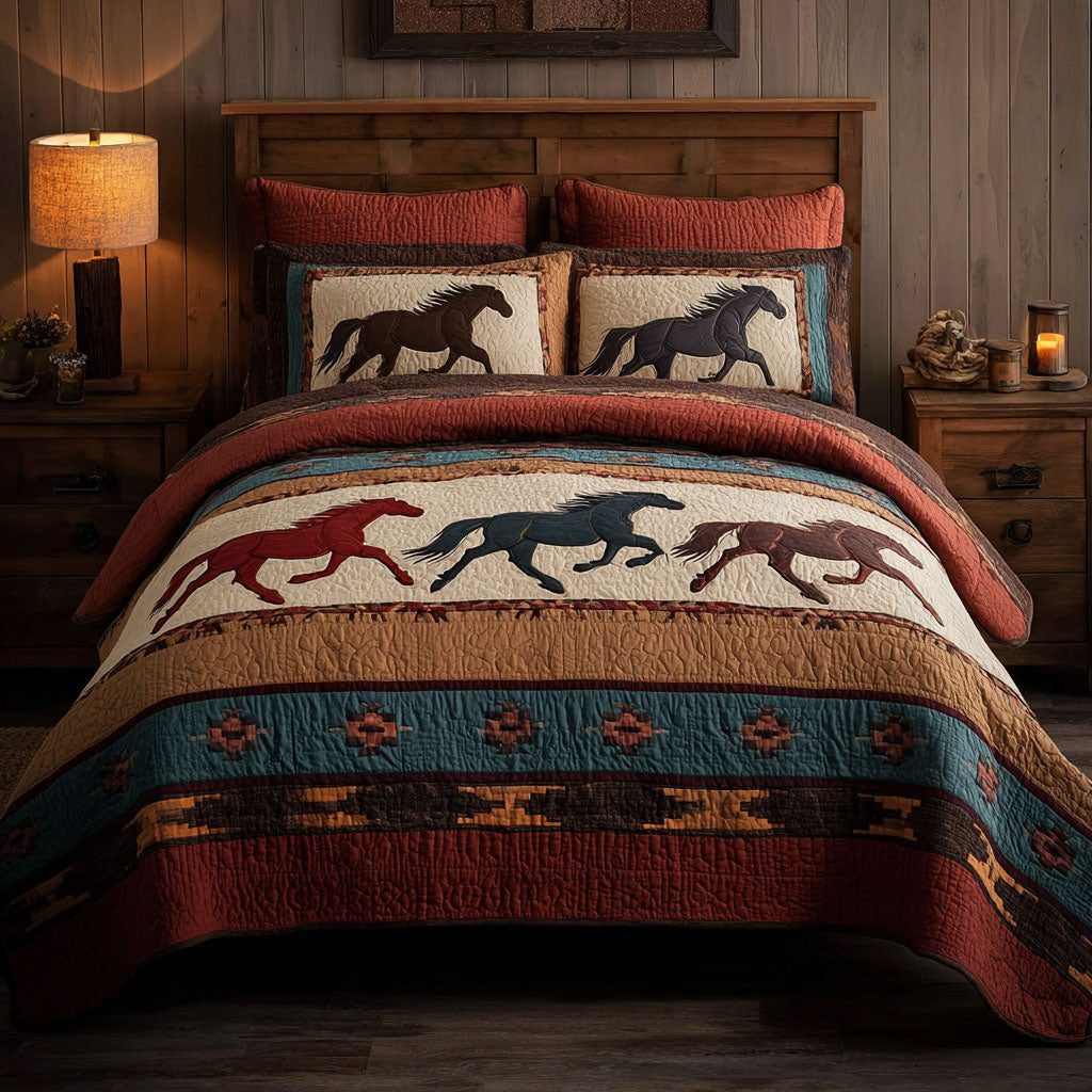 Wild Horses quilted 3-piece bedding set on a made bed in a rustic timber bedroom