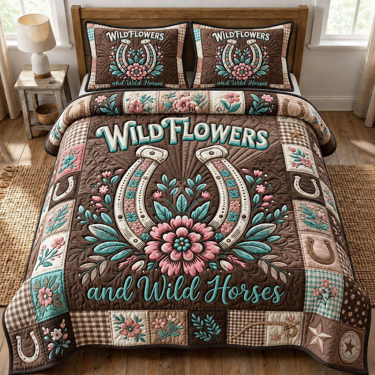Wild Horses Wild Flowers quilted 3-piece bedding set on a made bed in a rustic timber bedroom