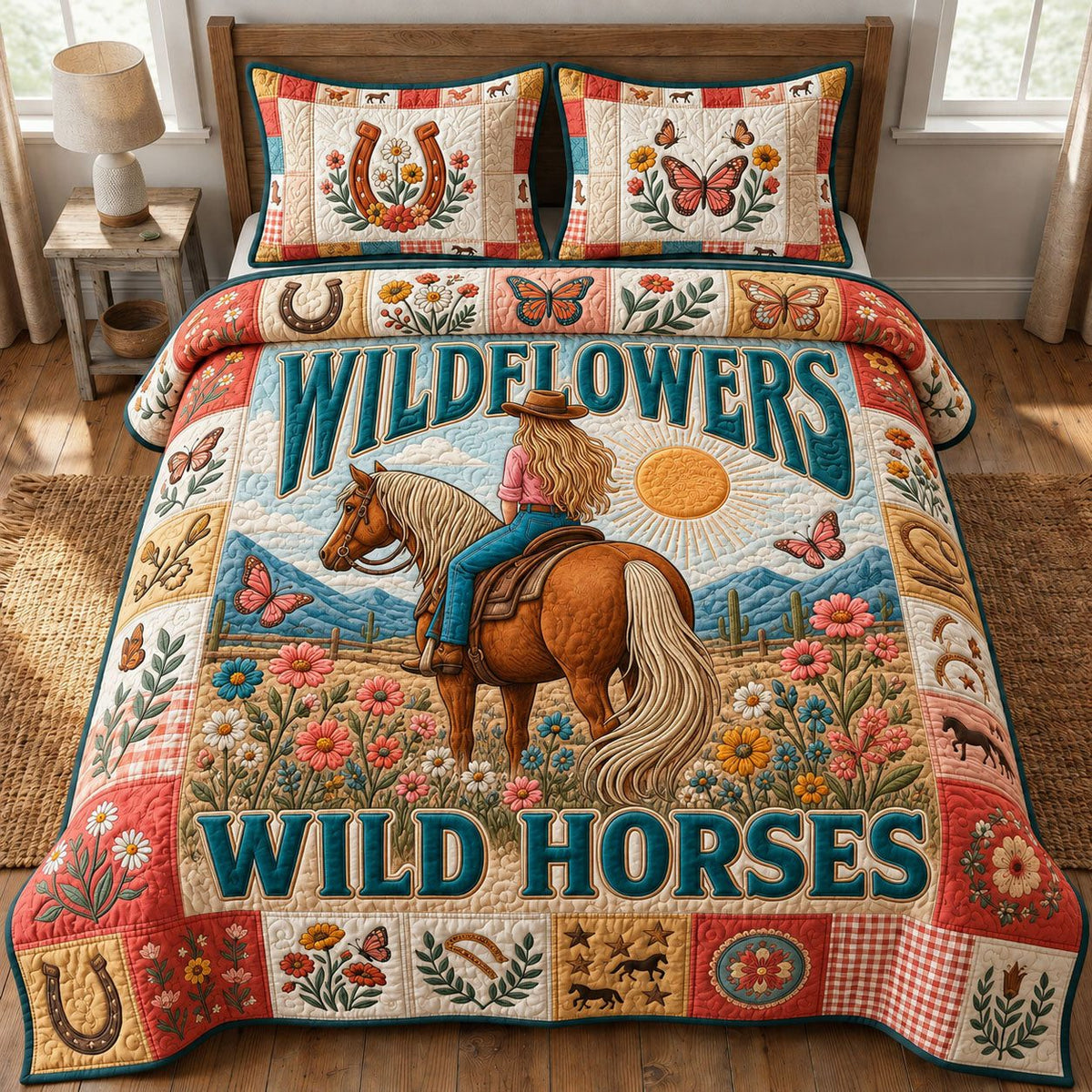 Wild Horses Wild Flowers quilted 3-piece bedding set on a made bed in a rustic timber bedroom