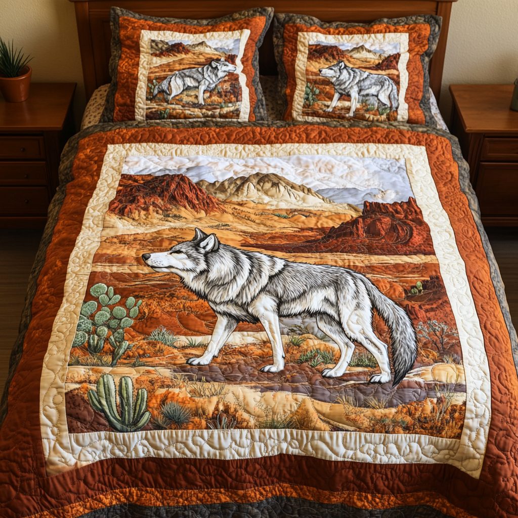 Wild Howl quilted 3-piece bedding set on a made bed with two matching pillow shams
