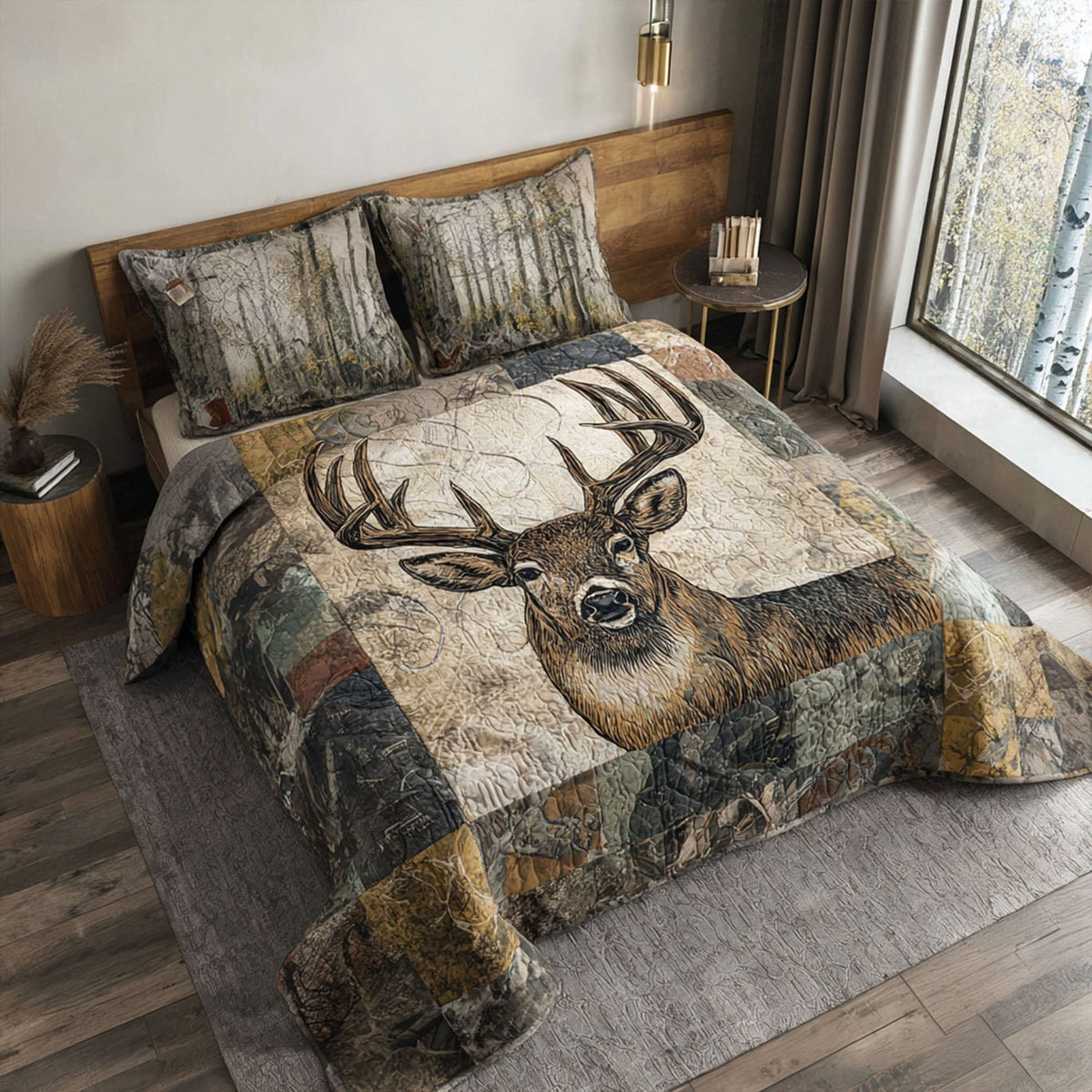 Wild Hunt quilted 3-piece bedding set on a made bed with two matching pillow shams