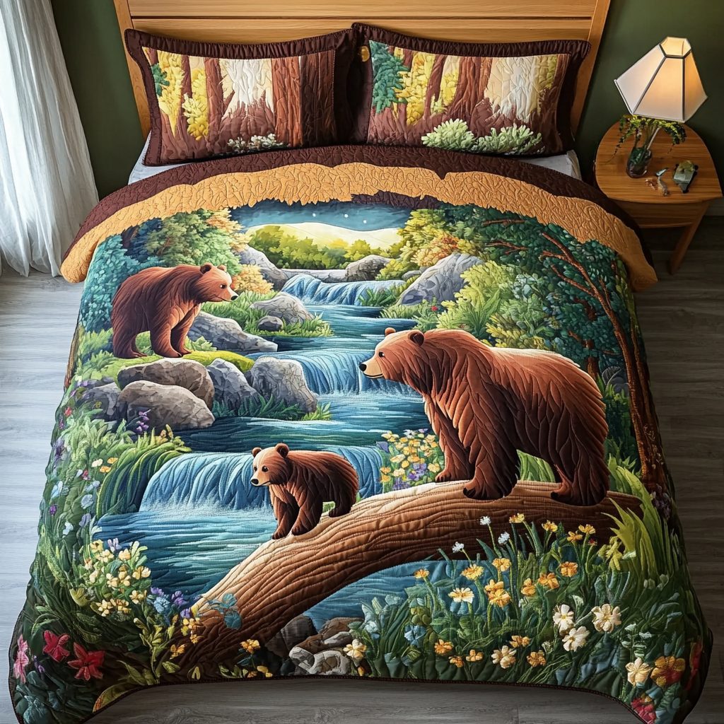 Wild Journey quilted 3-piece bedding set on a made bed with two matching pillow shams