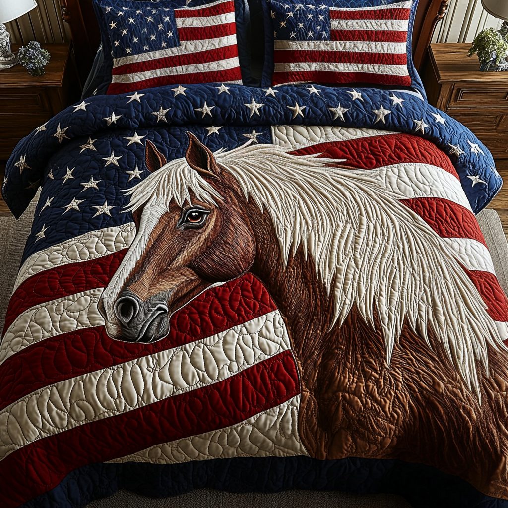 Wild Liberty quilted 3-piece bedding set on a made bed in a warmly lit bedroom