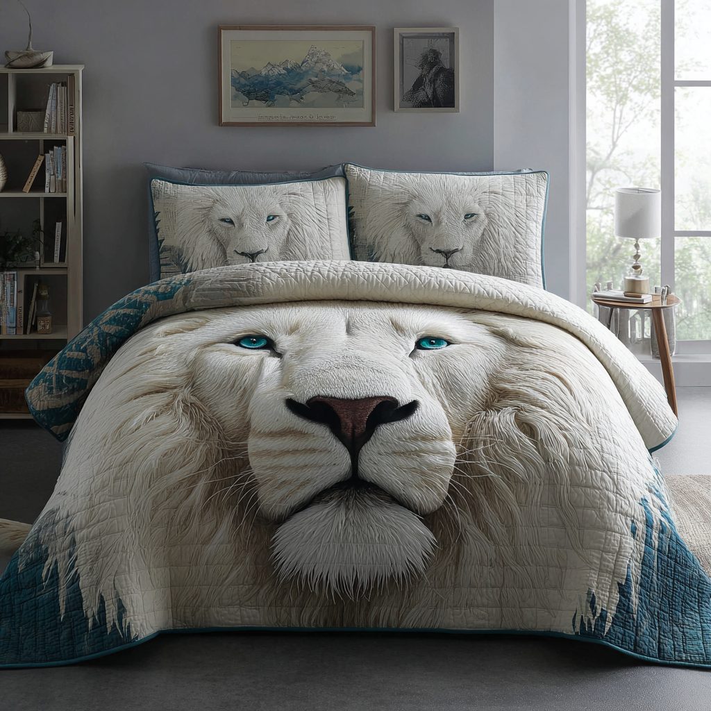 Wild Lion quilted 3-piece bedding set on a made bed with two matching pillow shams