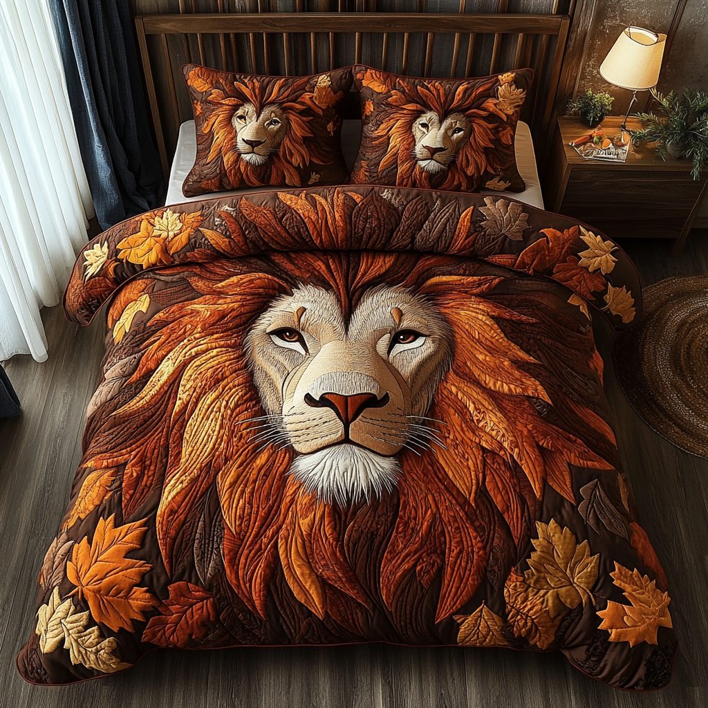 Wild Lion quilted 3-piece bedding set on a made bed with two matching pillow shams