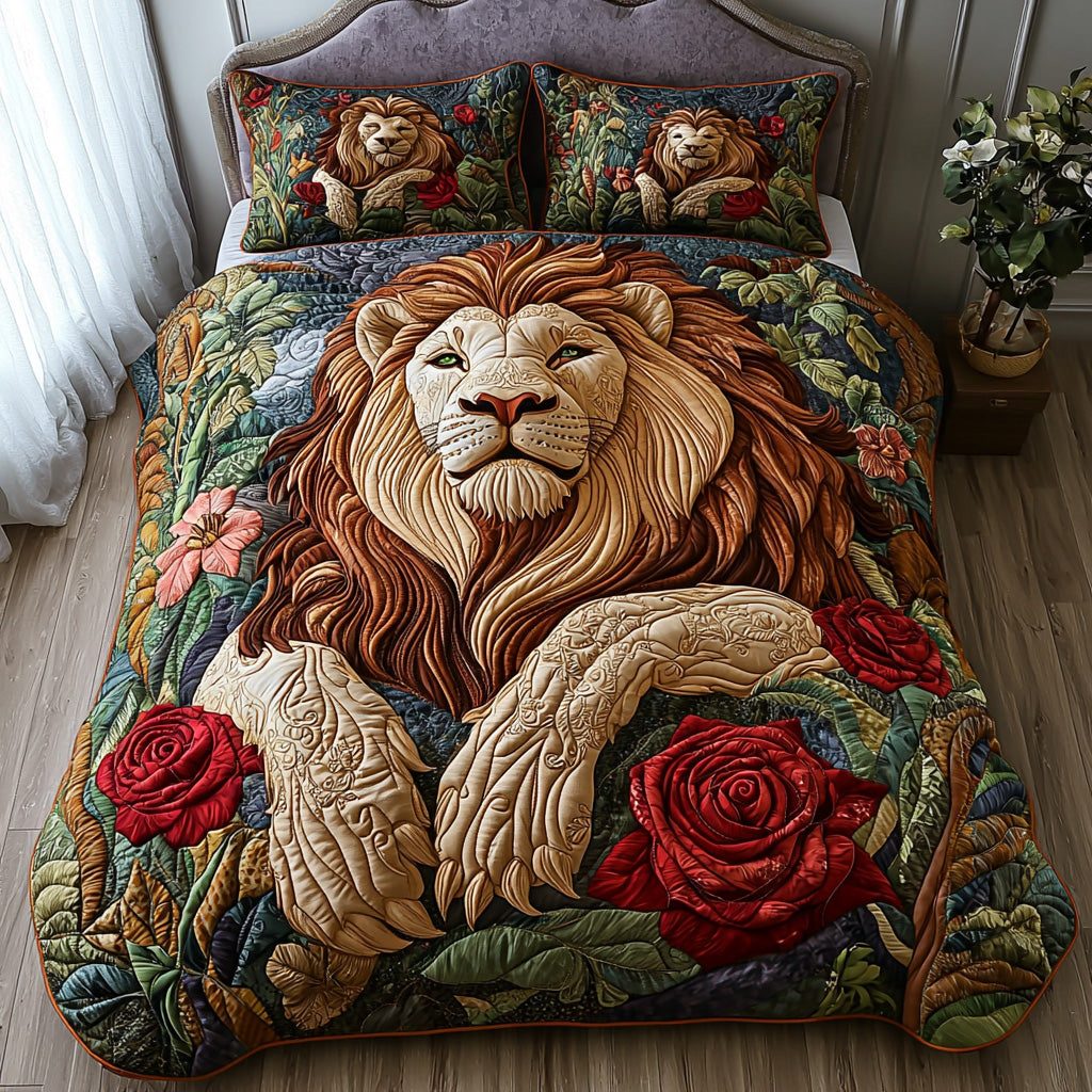 Wild Lion quilted 3-piece bedding set on a made bed with two matching pillow shams
