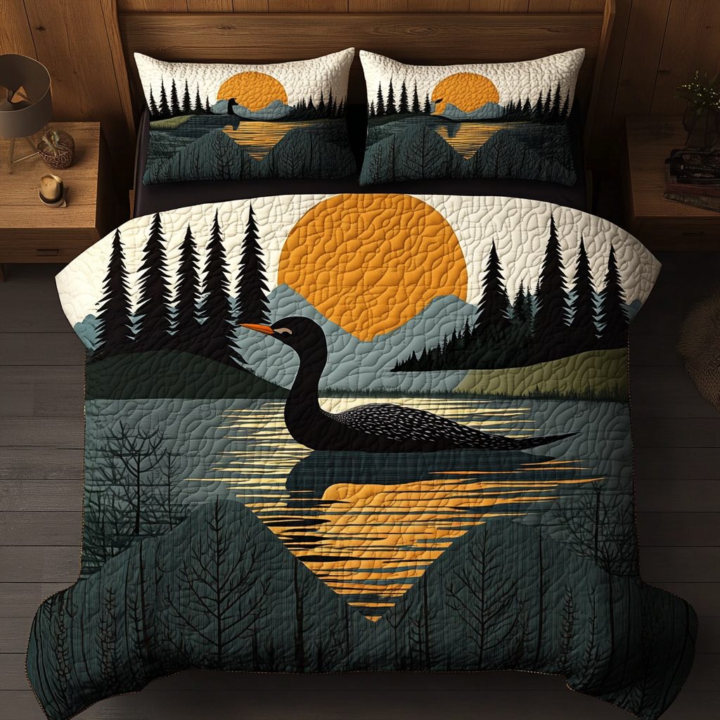 Wild Loon quilted 3-piece bedding set on a made bed with two matching pillow shams