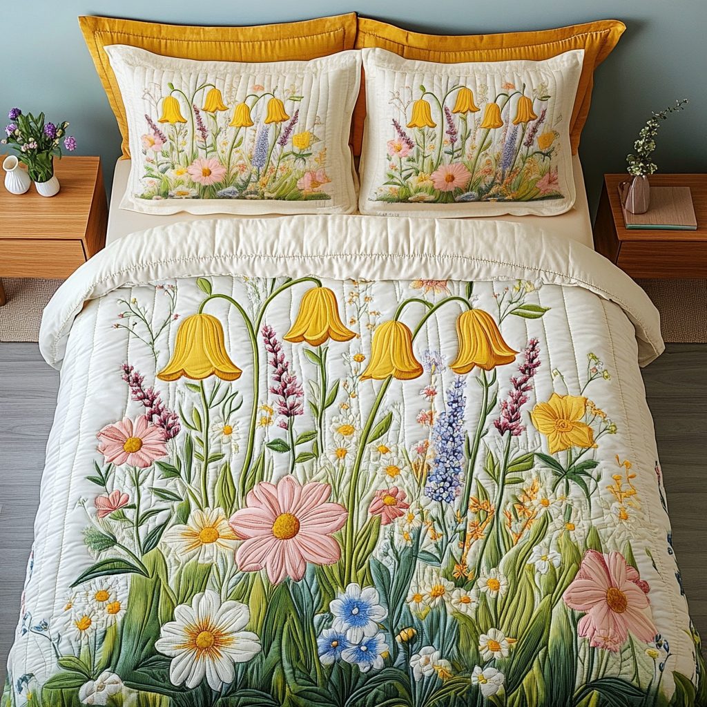 Wild Meadow quilted 3-piece bedding set on a made bed with two matching pillow shams
