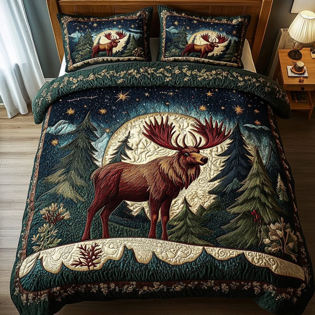 Wild Moose quilted 3-piece bedding set on a made bed with two matching pillow shams
