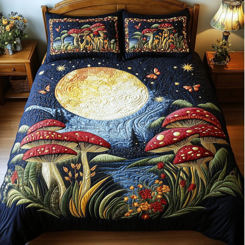 Wild Mushroom quilted 3-piece bedding set on a made bed with two matching pillow shams