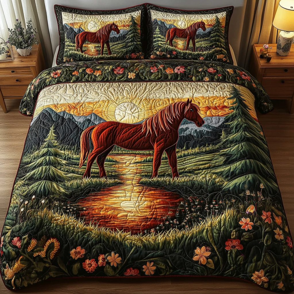 Wild Mustang Spirit quilted 3-piece bedding set on a made bed with two matching pillow shams