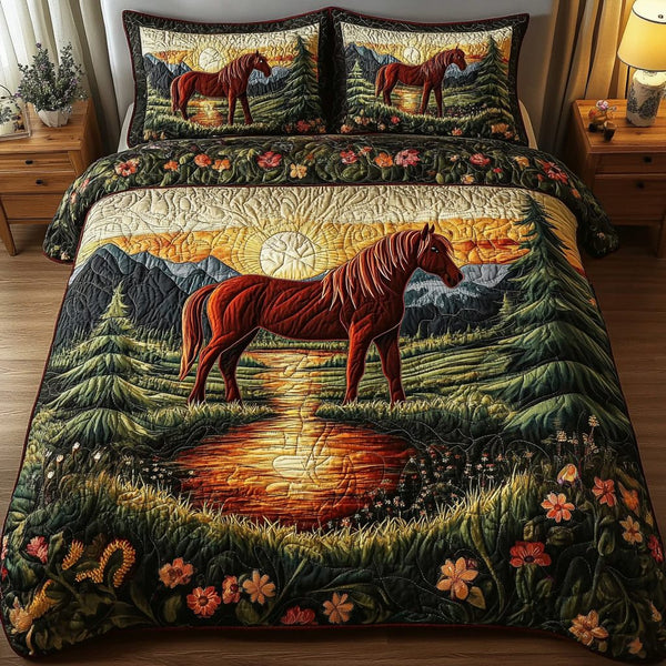 Wild Mustang Spirit quilted 3-piece bedding set on a made bed with two matching pillow shams