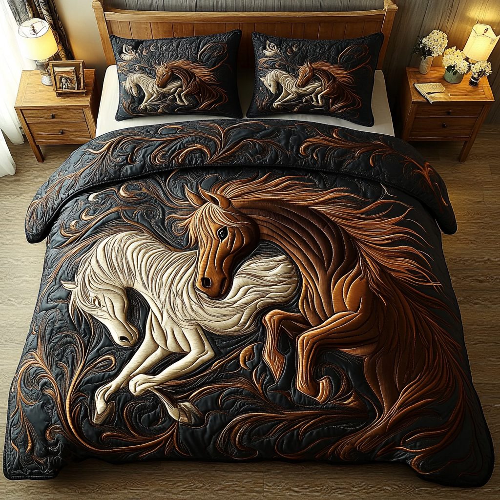 Wild Mustang Spirit quilted 3-piece bedding set on a made bed with two matching pillow shams