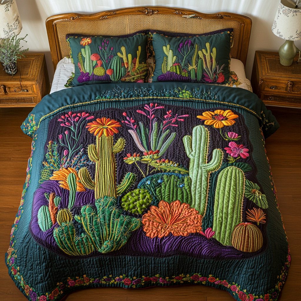 Wild Oasis quilted 3-piece bedding set on a made bed with two matching pillow shams