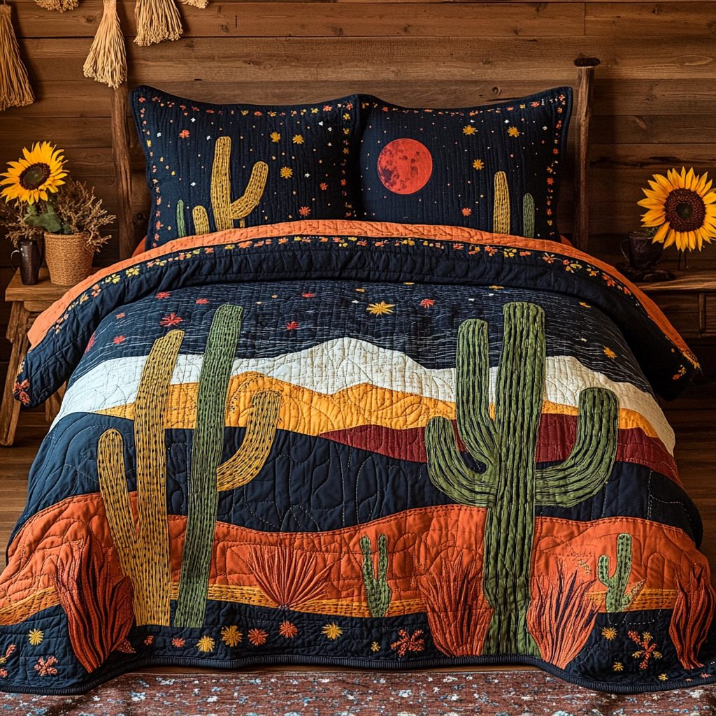 Wild Oasis quilted 3-piece bedding set on a made bed with two matching pillow shams