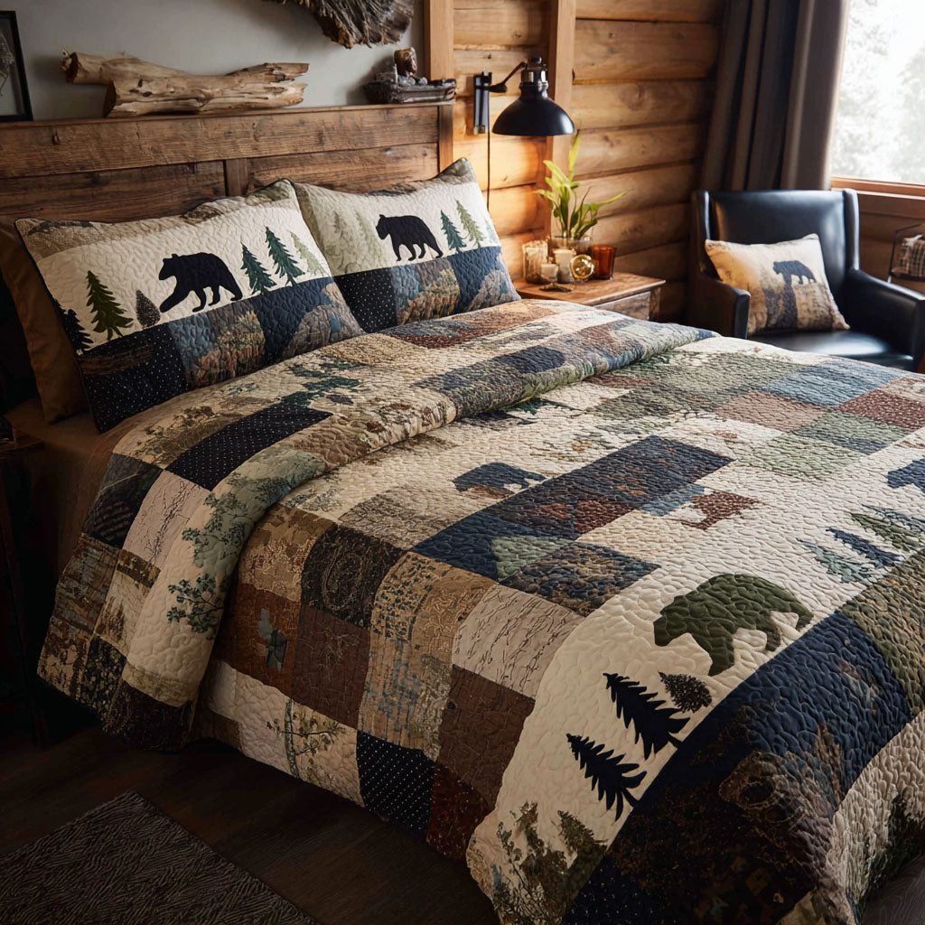 Wild Pines Bear quilted 3-piece bedding set on a made bed with two matching pillow shams