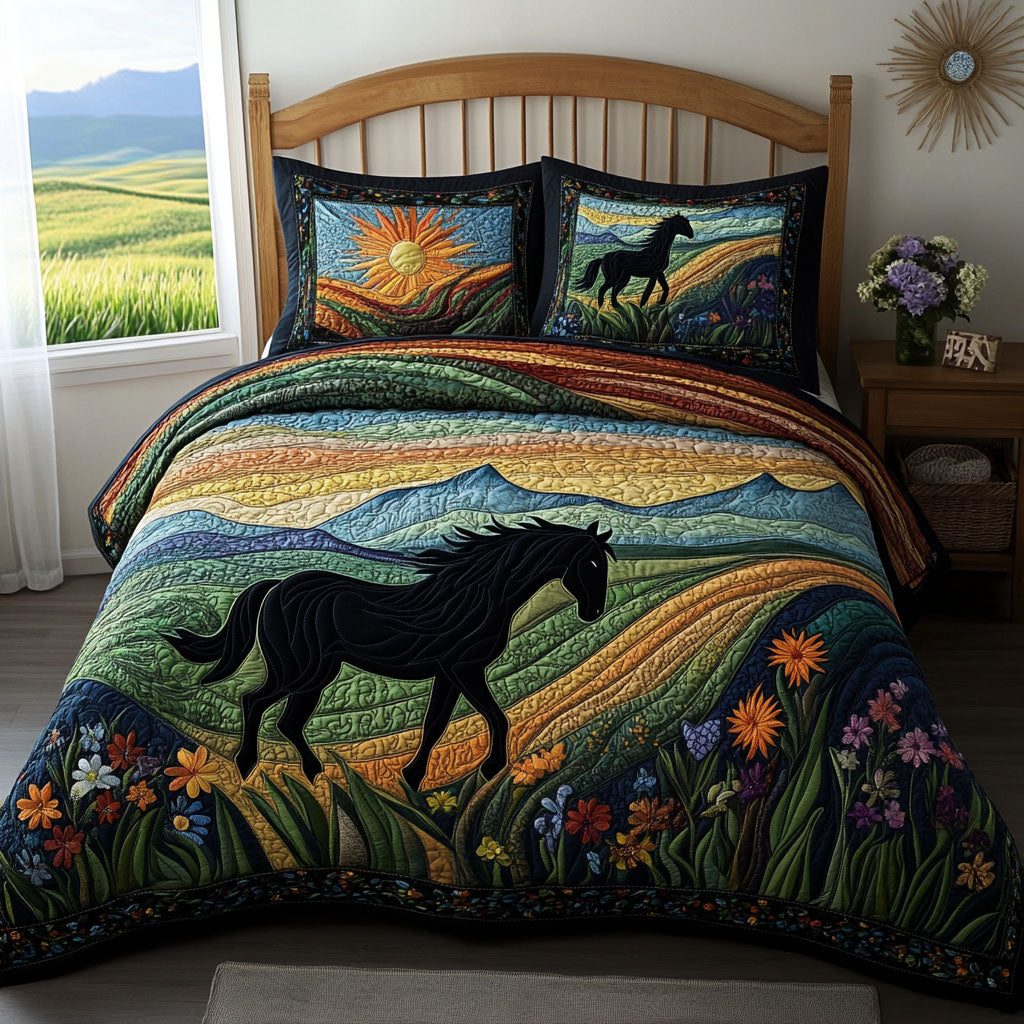 Wild Prairie Majesty quilted 3-piece bedding set on a made bed in a rustic timber bedroom