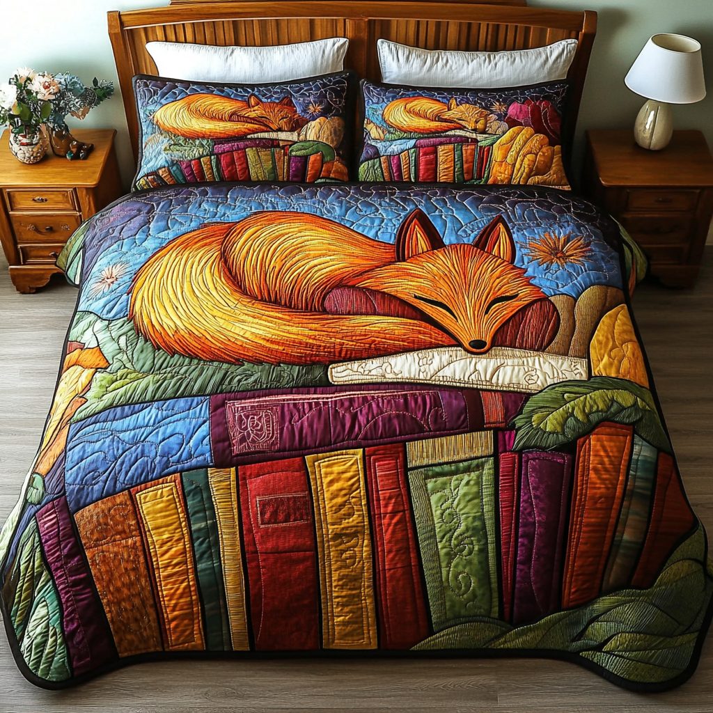 Wild Red Fox quilted 3-piece bedding set on a made bed with two matching pillow shams