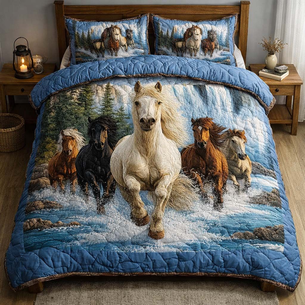 Wild River Horses quilted 3-piece bedding set on a made bed in a rustic timber bedroom