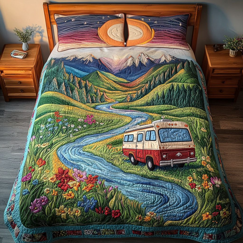 Wild Roadster quilted 3-piece bedding set on a made bed with two matching pillow shams