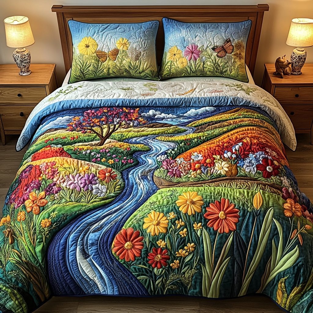 Wild Roots quilted 3-piece bedding set on a made bed with two matching pillow shams
