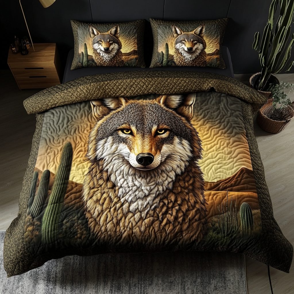 Wild Runner quilted 3-piece bedding set on a made bed with two matching pillow shams