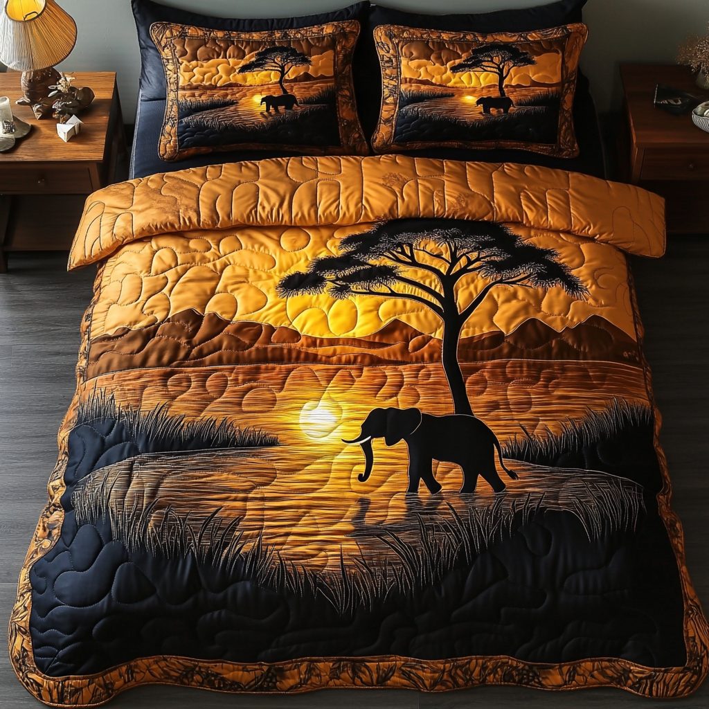 Wild Safari quilted 3-piece bedding set on a made bed with two matching pillow shams