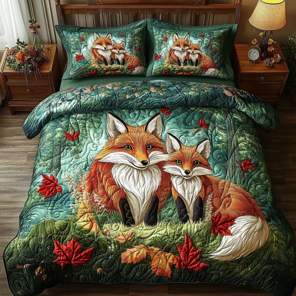 Wild Snuggle quilted 3-piece bedding set on a made bed with two matching pillow shams