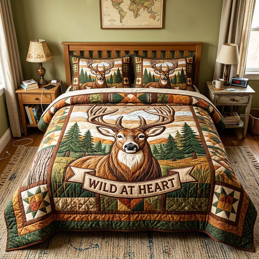 Wild Spirit quilted 3-piece bedding set on a made bed with two matching pillow shams
