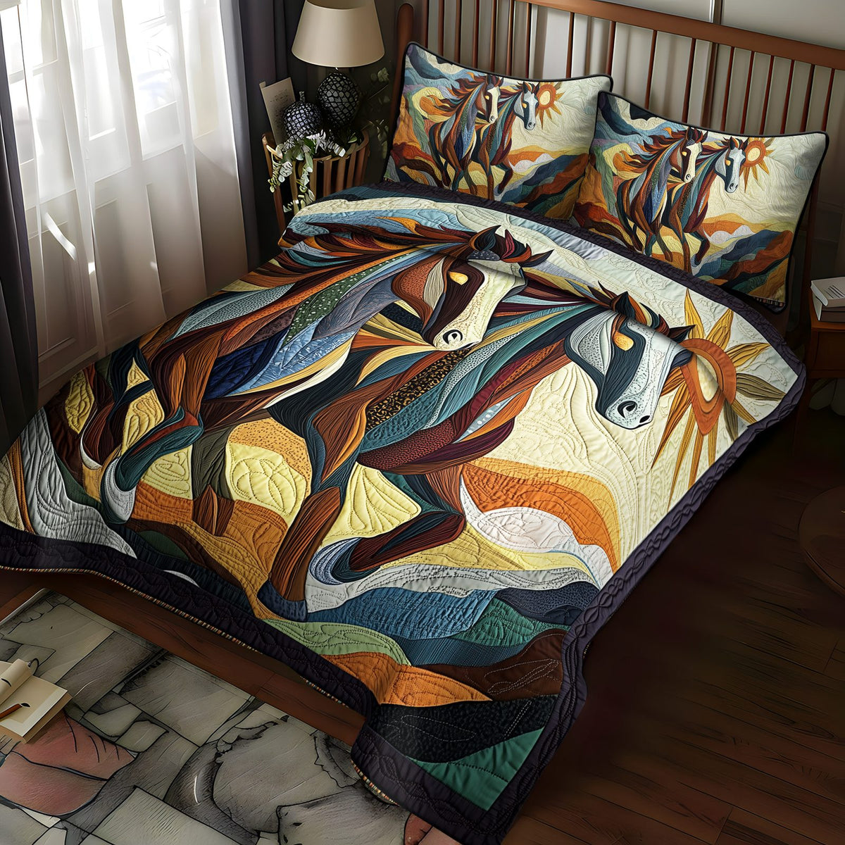 Wild Spirit quilted 3-piece bedding set on a made bed with two matching pillow shams