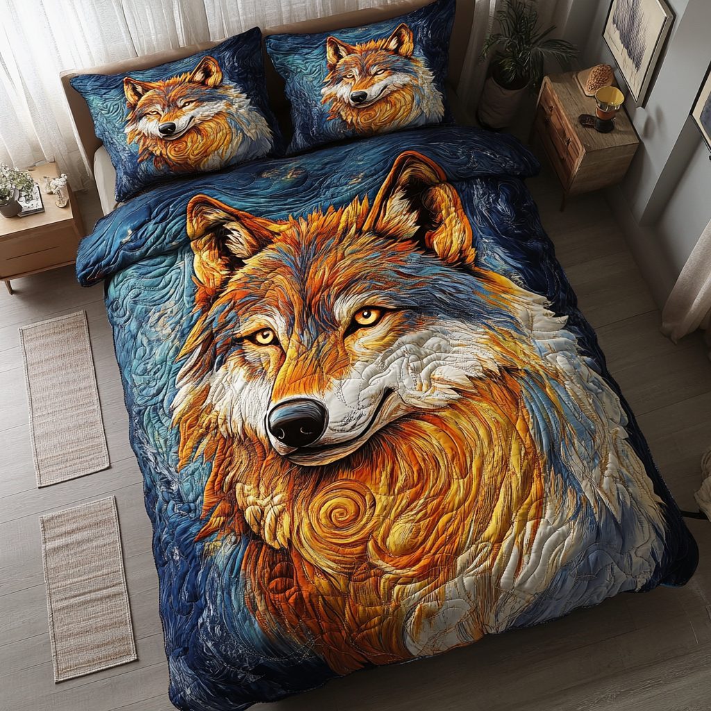 Wild Spirit quilted 3-piece bedding set on a made bed with two matching pillow shams