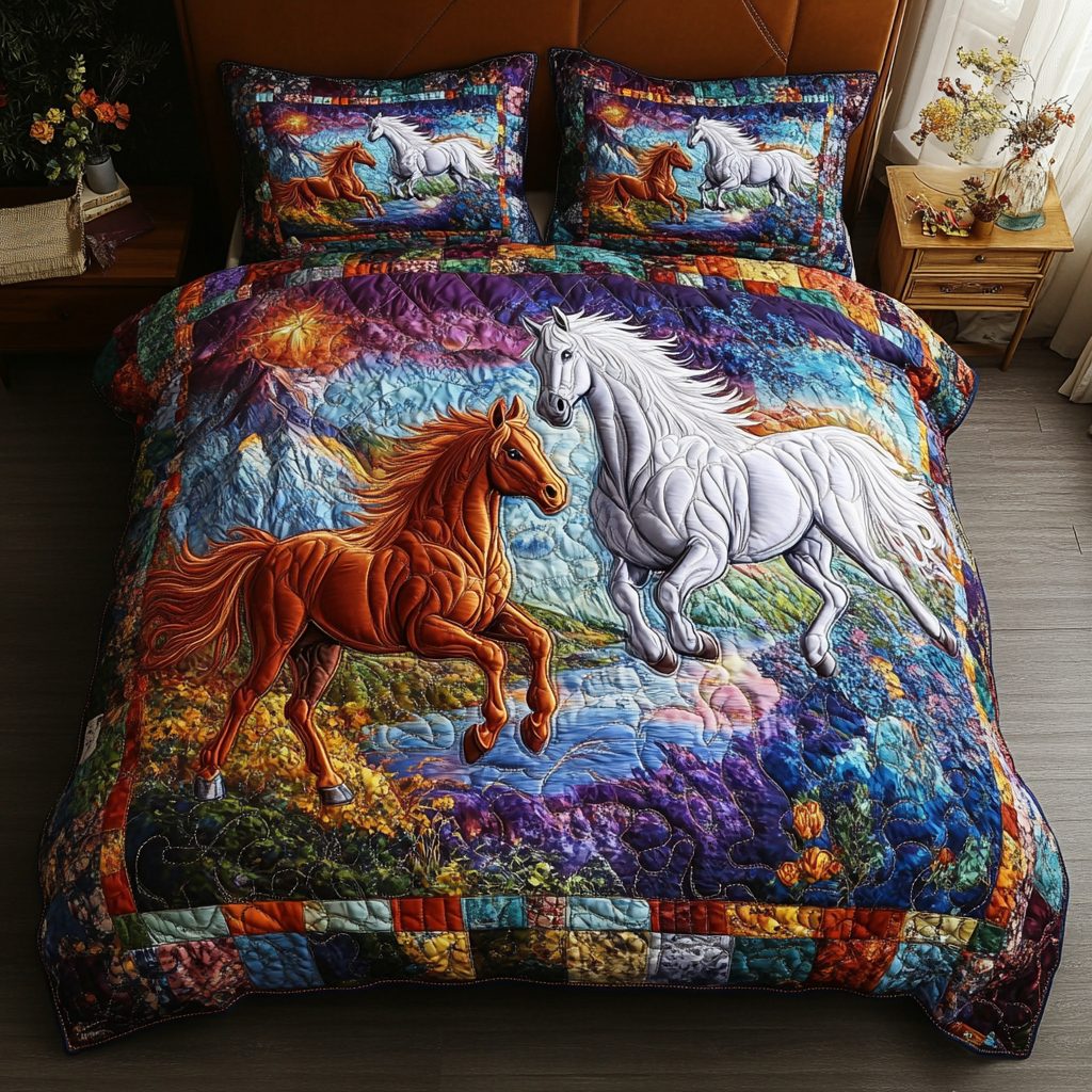 Wild Spirit quilted 3-piece bedding set on a made bed with two matching pillow shams