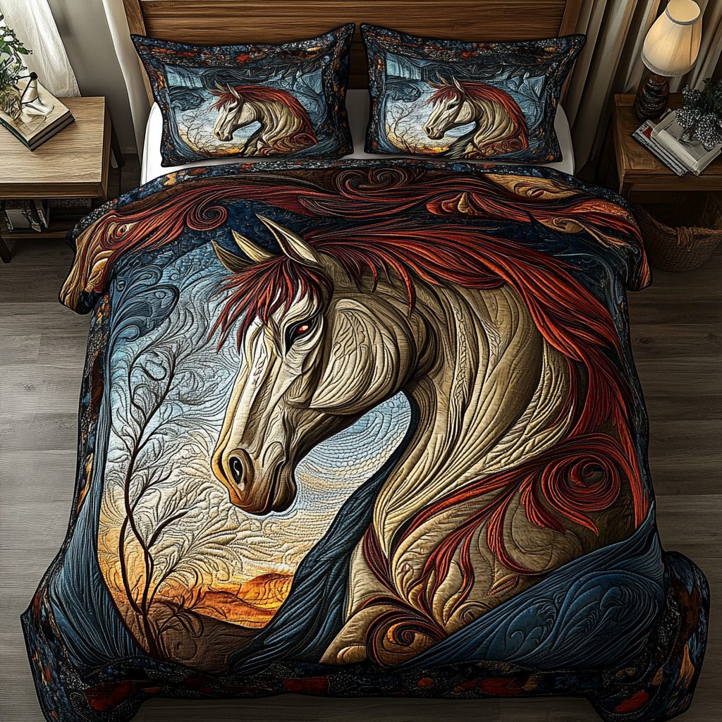 Wild Spirit quilted 3-piece bedding set on a made bed with two matching pillow shams