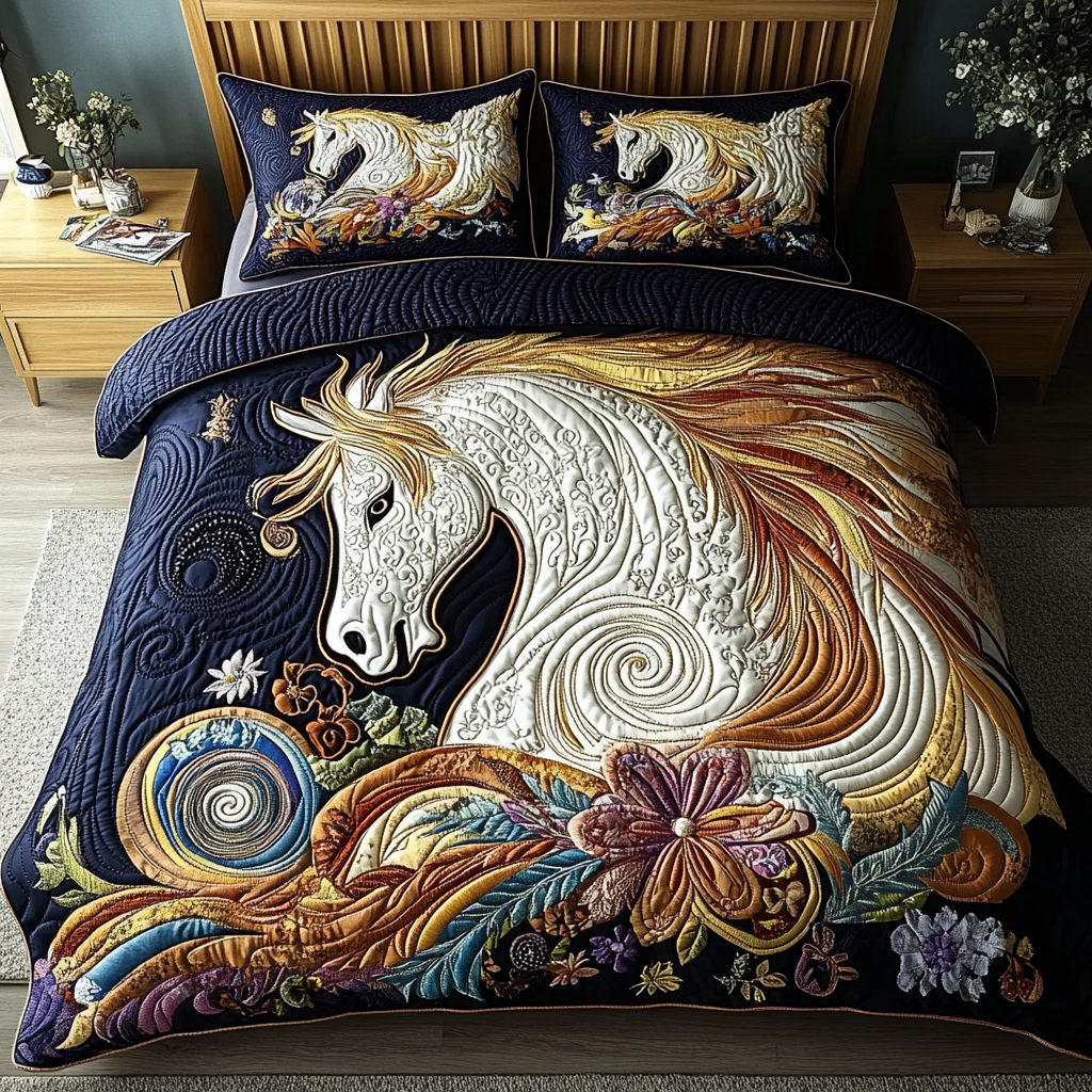Wild Spirit quilted 3-piece bedding set on a made bed with two matching pillow shams