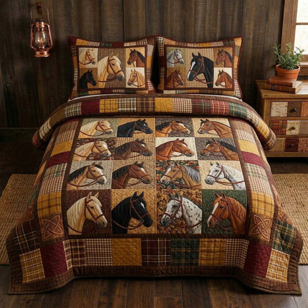Wild Stallion quilted 3-piece bedding set on a made bed in a rustic timber bedroom