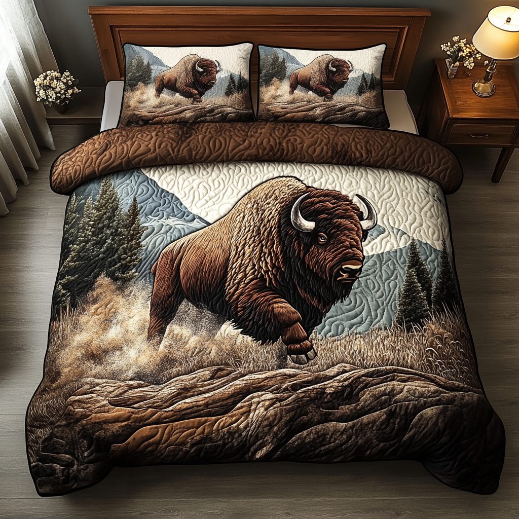 Wild Tapestry quilted 3-piece bedding set on a made bed with two matching pillow shams