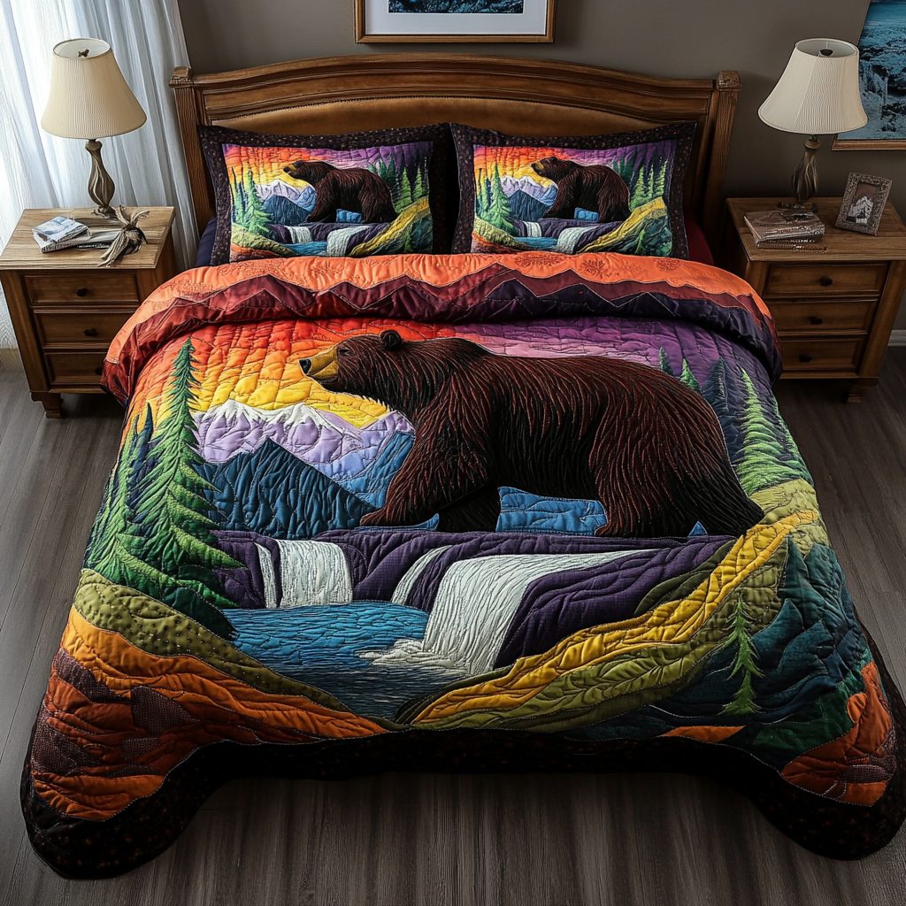 Wild Tracks quilted 3-piece bedding set on a made bed with two matching pillow shams